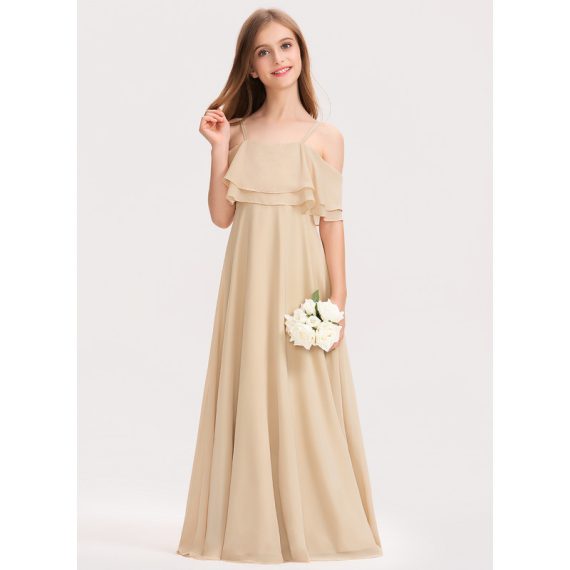 A-Line Cold Shoulder Floor-Length Chiffon Junior Bridesmaid Dress With Cascading Ruffles