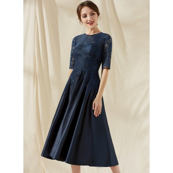 A-Line Scoop Tea-Length Satin Lace Cocktail Dress