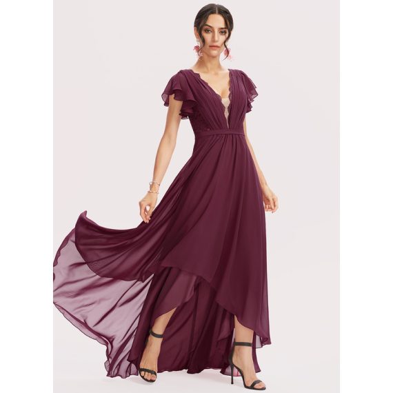 A-Line V-neck Asymmetrical Chiffon Lace Cocktail Dress With Cascading Ruffles