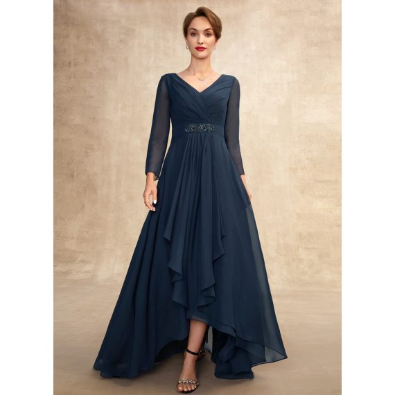 A-line V-Neck Asymmetrical Chiffon Evening Dress With Beading Bow Cascading Ruffles