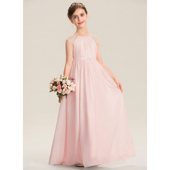 A-Line Scoop Floor-Length Chiffon Junior Bridesmaid Dress With Beading Sequins