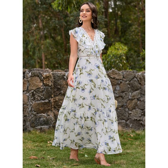V-Neck Cap Sleeve Elegant A-line Chiffon Maxi Dresses