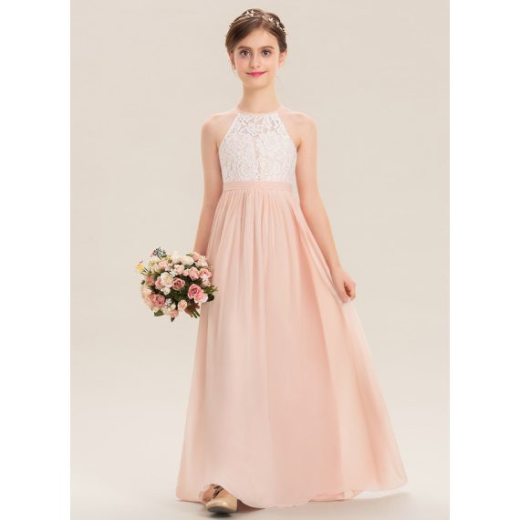 A-Line Halter Floor-Length Chiffon Lace Junior Bridesmaid Dress