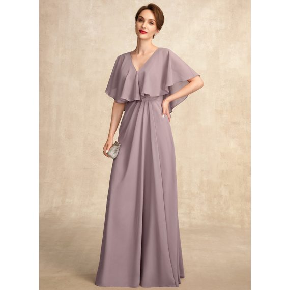 A-line V-Neck Floor-length Chiffon Mother of the Bride Dress With Ruffle