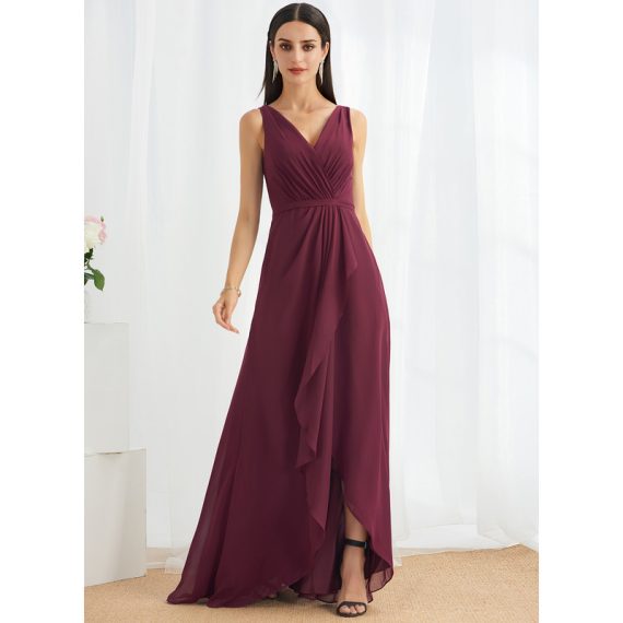 A-Line V-neck Asymmetrical Chiffon Bridesmaid Dress With Split Front