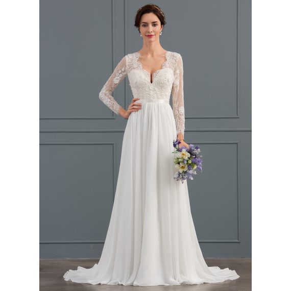 A-Line V-neck Sweep Train Chiffon Lace Wedding Dress With Beading Sequins