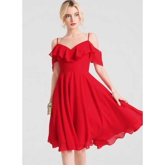 A-Line V-neck Knee-Length Chiffon Cocktail Dress With Cascading Ruffles