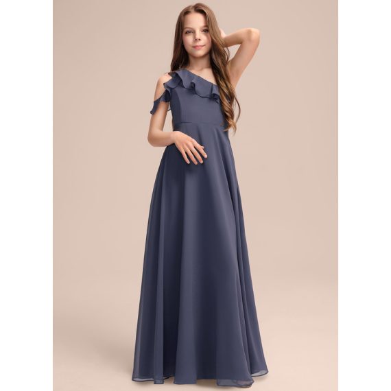 A-Line One-Shoulder Floor-Length Chiffon Junior Bridesmaid Dress With Cascading Ruffles