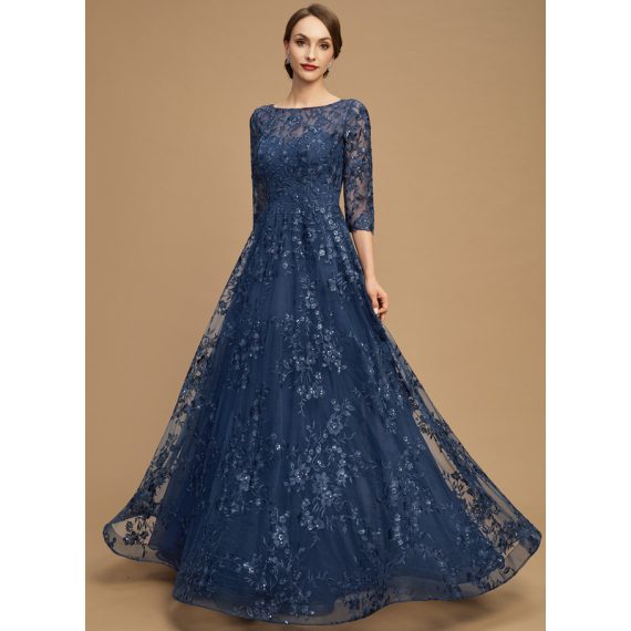 A-Line Scoop Illusion Floor-Length Lace Mother of the Bride Dress With Sequins