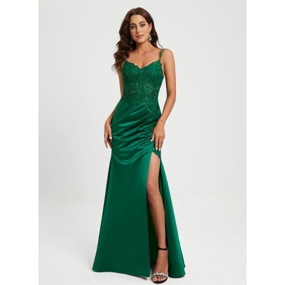 Sheath/Column V-Neck Floor-Length Lace Satin Prom Dresses With Sequins