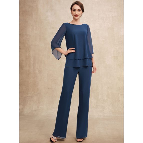 Jumpsuit/Pantsuit Separates Scoop Floor-Length Chiffon Mother of the Bride Dress With Beading