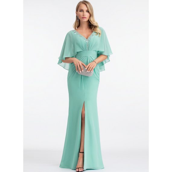 Sheath/Column V-neck Floor-Length Chiffon Evening Dress With Beading Pleated