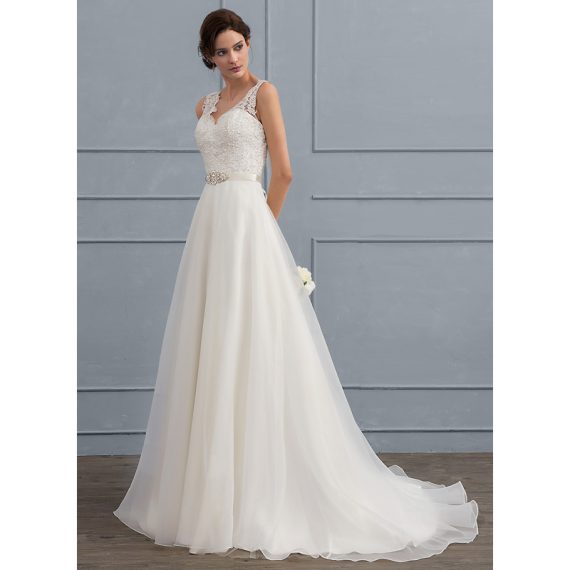 A-Line V-neck Sweep Train Organza Lace Wedding Dress With Beading Bow(s)