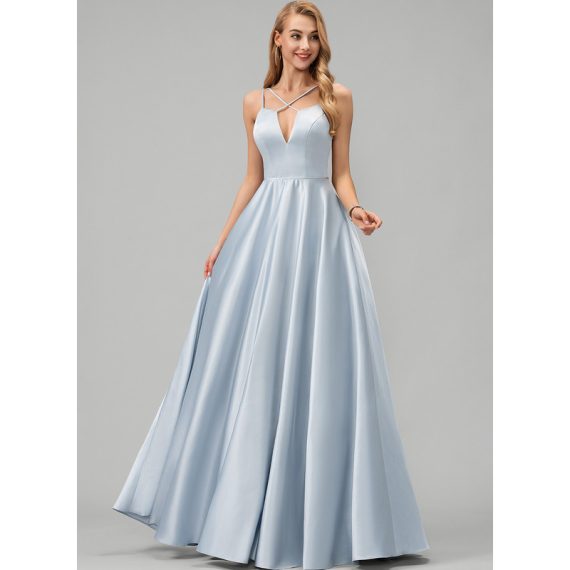 A-line V-Neck Floor-Length Satin Prom Dresses