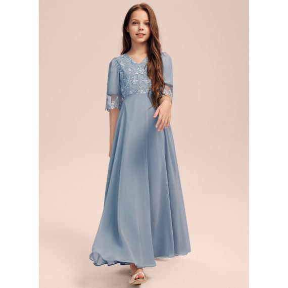 A-Line V-neck Floor-Length Chiffon Lace Junior Bridesmaid Dress With Pleated