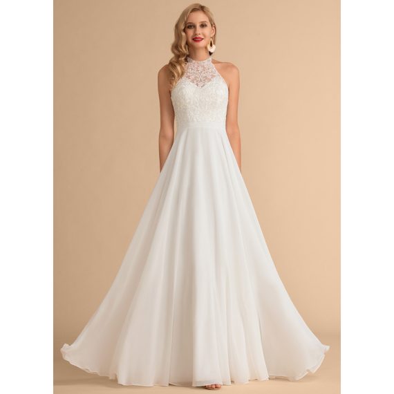 A-Line High Neck Floor-Length Chiffon Lace Wedding Dress