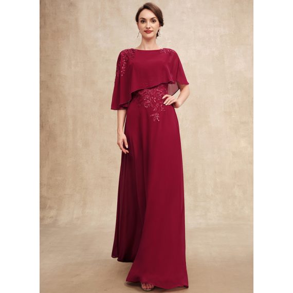 A-line Scoop Floor-Length Chiffon Lace Evening Dress With Beading Sequins