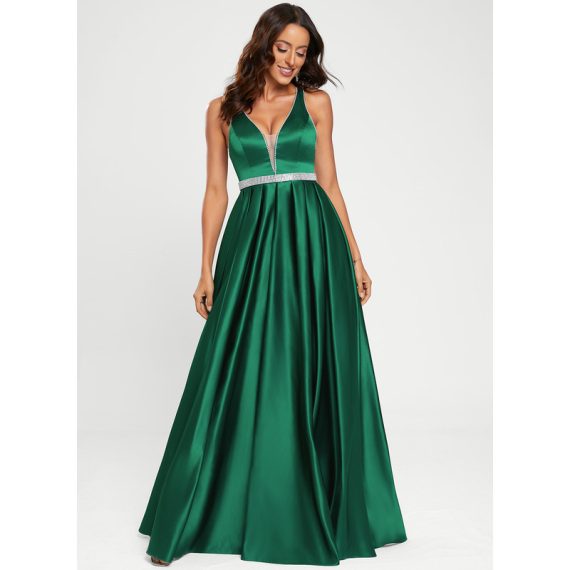 A-line V-Neck Floor-length Satin Prom Dresses With Beading
