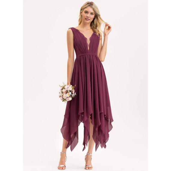 A-Line V-neck Ankle-Length Chiffon Lace Bridesmaid Dress