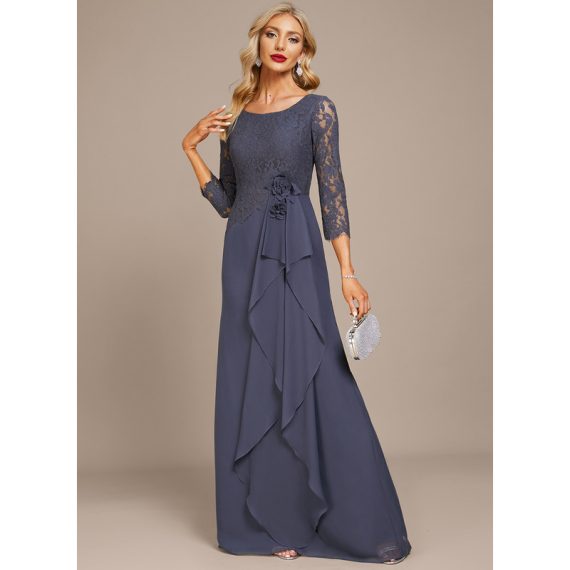 A-Line Scoop Floor-Length Chiffon Lace Evening Dress With Flower(s) Cascading Ruffles