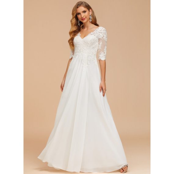 A-line V-Neck Floor-length Chiffon Lace Wedding Dress