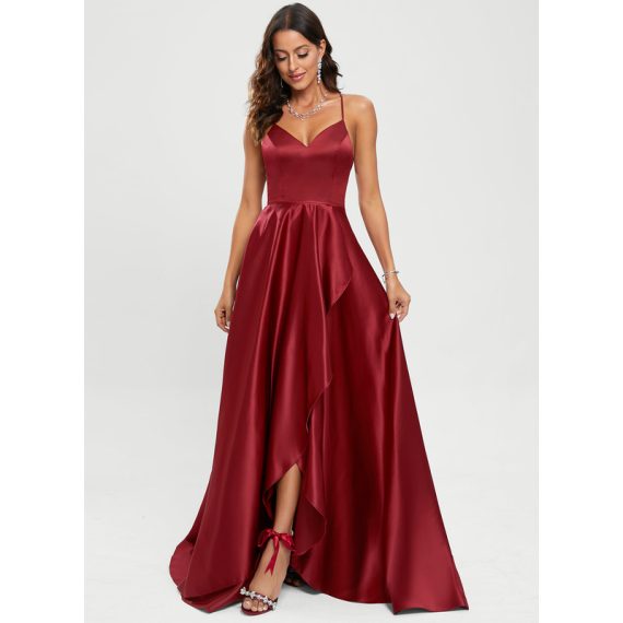 A-line V-Neck Sweep Train Satin Prom Dresses