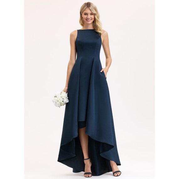A-Line Scoop Neck Asymmetrical Satin Bridesmaid Dress With Pockets