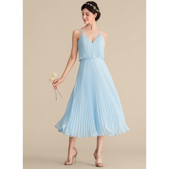 A-Line V-neck Tea-Length Chiffon Cocktail Dress With Pleated