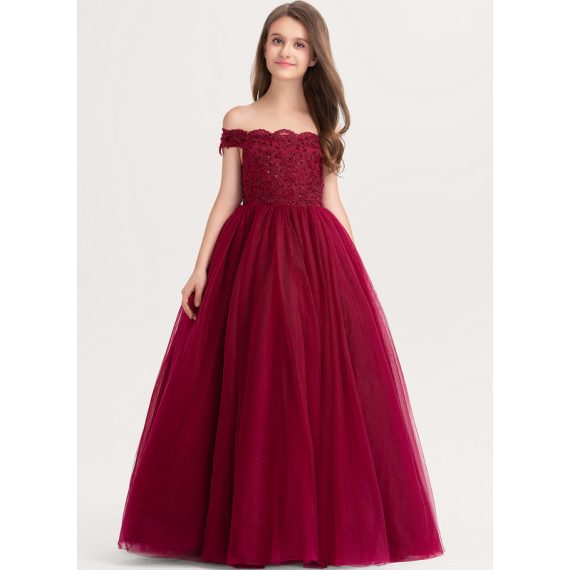 Ball-Gown/Princess Off-the-Shoulder Floor-Length Tulle Lace Junior Bridesmaid Dress With Beading Sequins