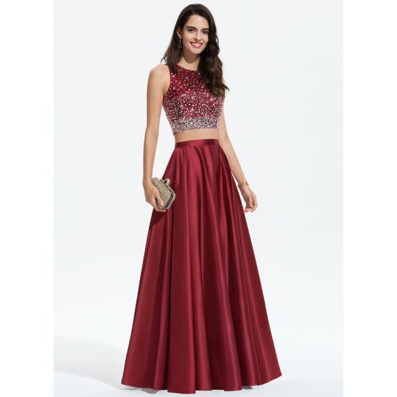 A-Line Scoop Floor-Length Satin Prom Dresses With Beading Sequins