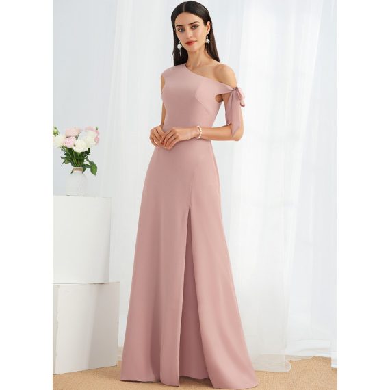 A-Line One-Shoulder Floor-Length Chiffon Bridesmaid Dress With Bow(s)