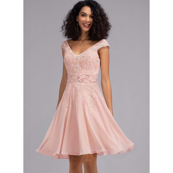 A-Line V-neck Knee-Length Chiffon Lace Homecoming Dress With Beading