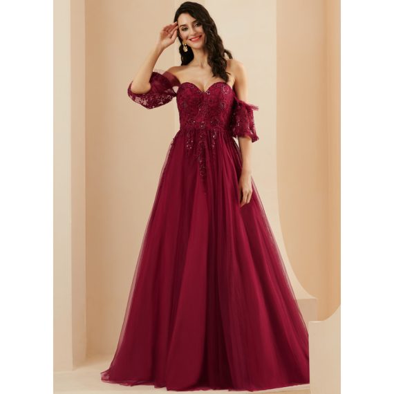Ball-Gown/Princess Sweetheart Sweep Train Tulle Prom Dresses With Sequins