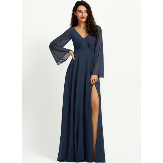 A-Line V-neck Floor-Length Chiffon Bridesmaid Dress With Split Front