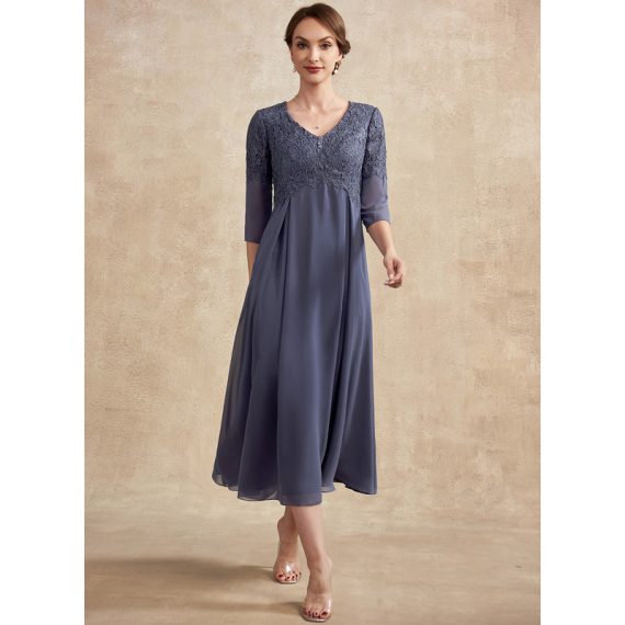A-Line V-neck Tea-Length Chiffon Lace Mother of the Bride Dress With Beading