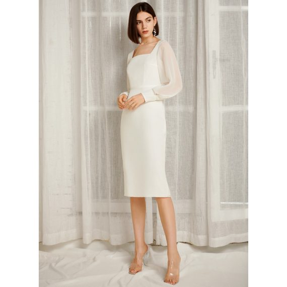 Square Neck Long Sleeves Elegant Bodycon Chiffon Midi Dresses