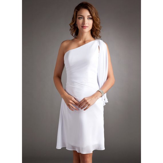 Sheath/Column One-Shoulder Knee-Length Chiffon Cocktail Dress With Ruffle Beading