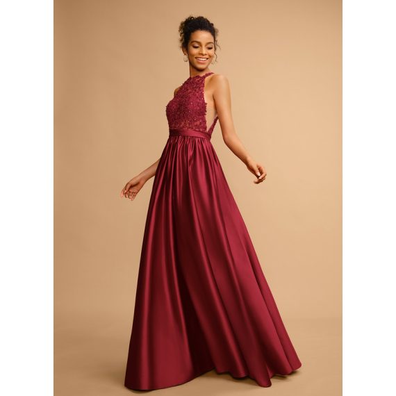 Ball-Gown/Princess Halter Floor-Length Satin Lace Prom Dresses With Sequins