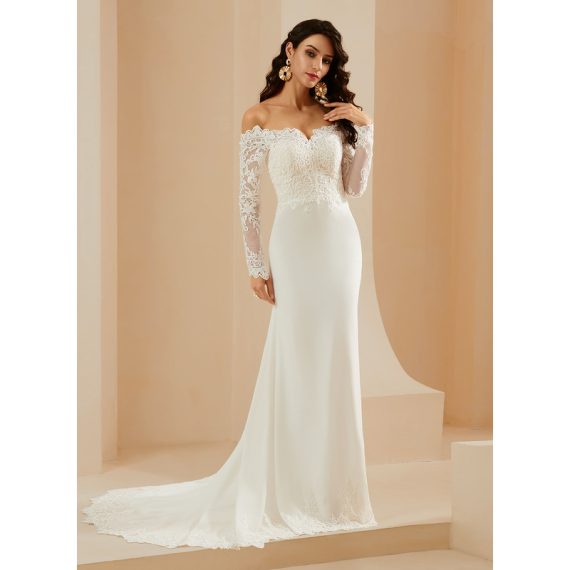 Trumpet/Mermaid Off-the-Shoulder Court Train Chiffon Wedding Dress With Lace