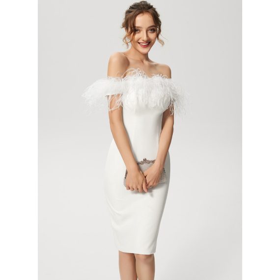 Bodycon Off-the-Shoulder Knee-Length Stretch Crepe Cocktail Dress With Feather
