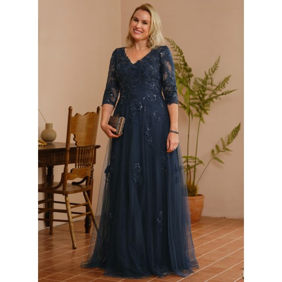 A-Line V-neck Floor-Length Tulle Lace Mother of the Bride Dress With Sequins