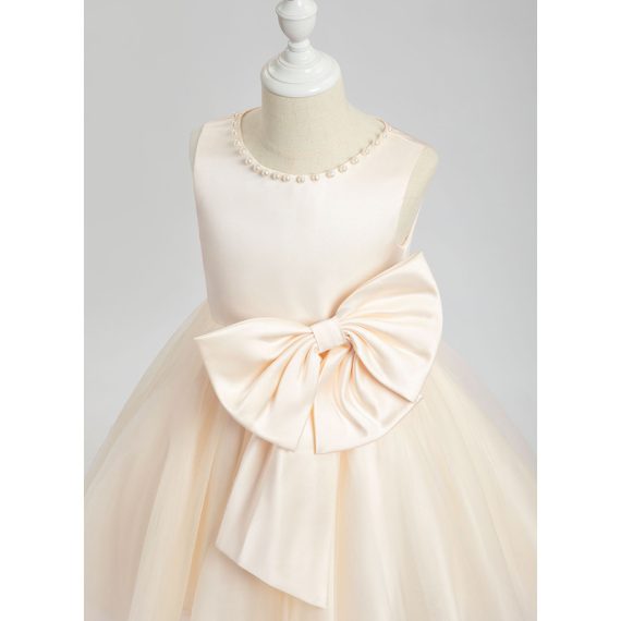A-line Boat Neck Knee-Length Satin Flower Girl Dress