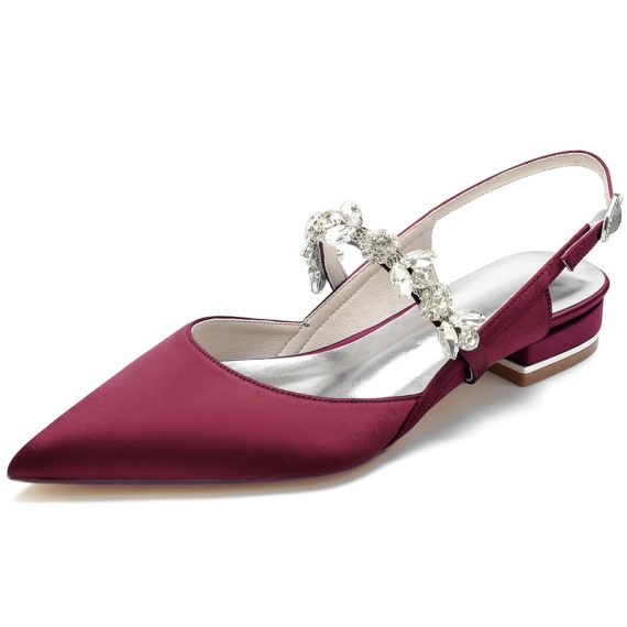Women's Satin Flat Heel Closed Toe With ankle strap Rhinestone