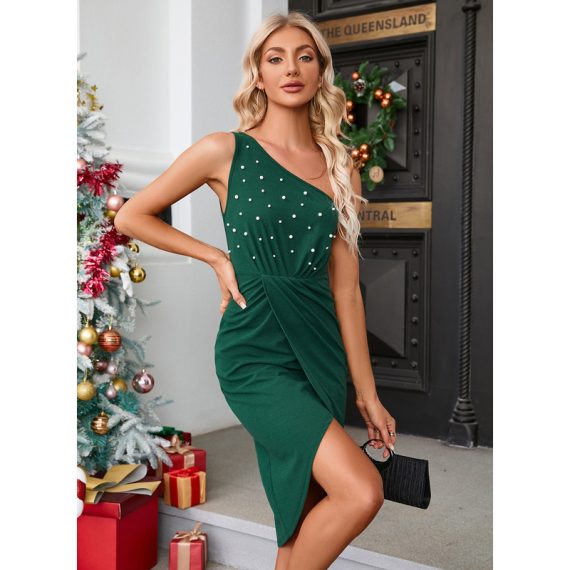 Beading One Shoulder Sleeveless Elegant Sheath Cotton Blends Asymmetrical Dresses