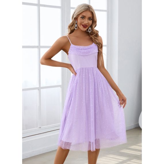 Sequins Spaghetti Straps Sleeveless Elegant A-line Tulle Midi Dresses