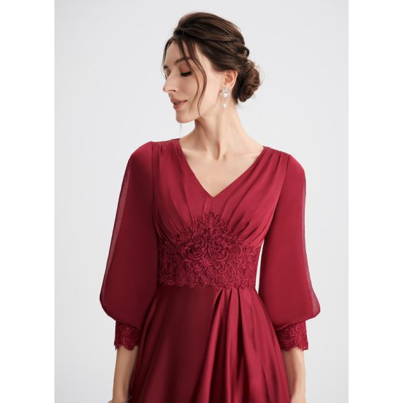 A-Line V-neck Asymmetrical Satin Lace Cocktail Dress