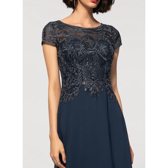 A-Line Scoop Illusion Floor-Length Chiffon Lace Evening Dress With Sequins