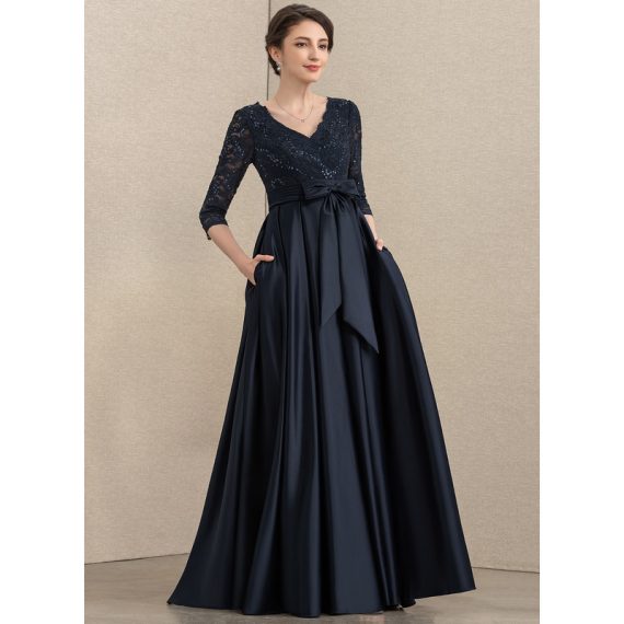 A-Line V-neck Floor-Length Satin Lace Mother of the Bride Dress With Sequins Bow(s)