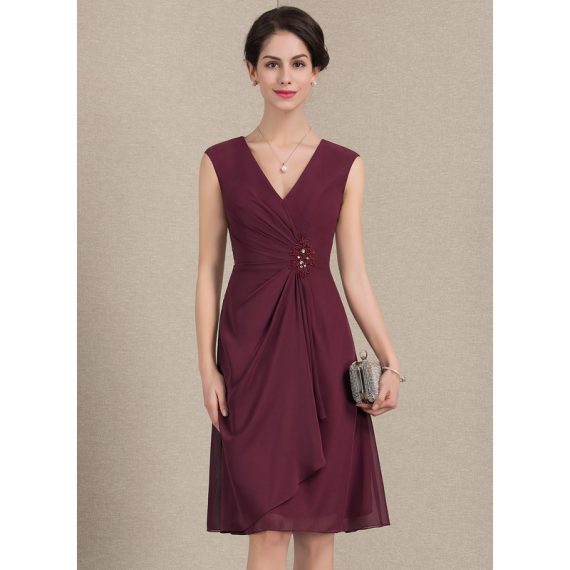A-line V-Neck Knee-length Chiffon Mother of the Bride Dress With Beading Cascading Ruffles Sequins