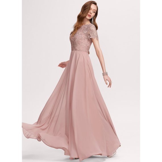 A-Line Scoop Floor-Length Chiffon Lace Bridesmaid Dress